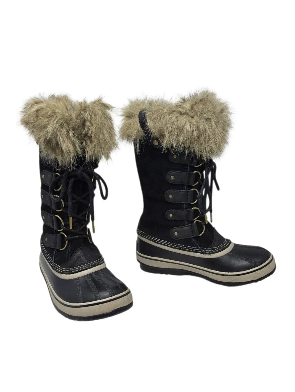 Sorel Joan Of Arctic Winter Boots Faux Fur Trim Lining Black & Tan Women's 8